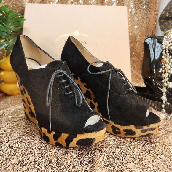 Prada Leopard Peep Toe Wedge Heel Authentic NIB - Picture 2 of 16